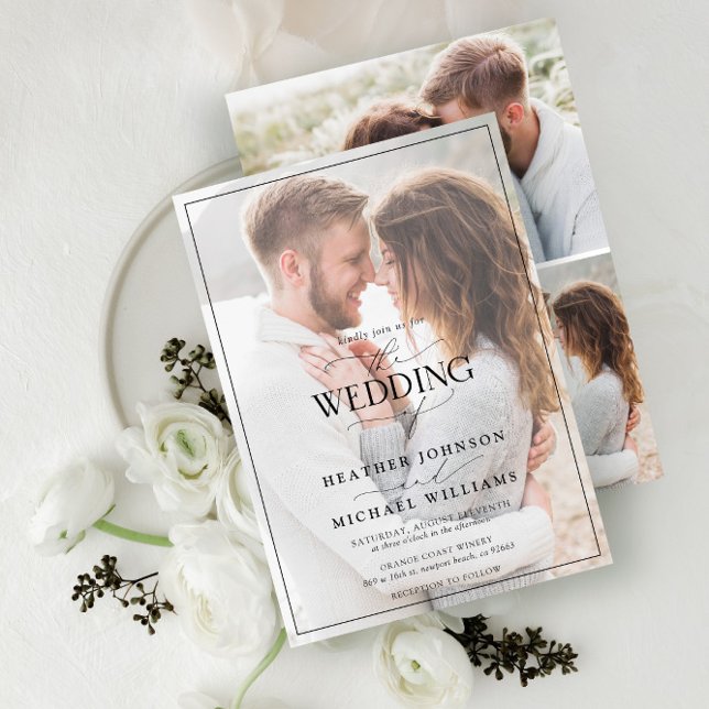 Convite Caligrafia Branca Moderna Faux Vellum 4 Foto (Criador carregado)