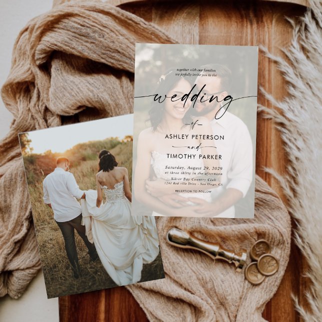 Convite Caligrafia Casamento de Fotografias Pretas e Branc (Criador carregado)