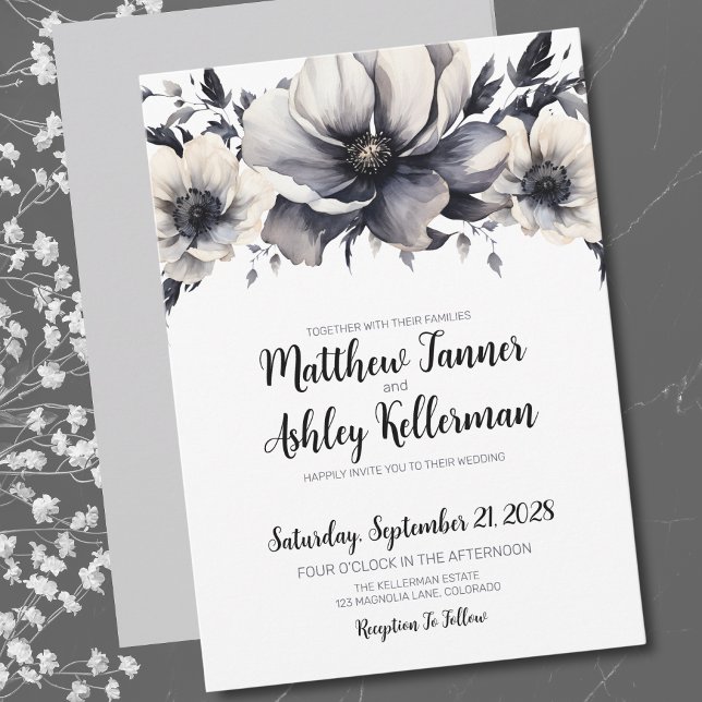 Convite Caligrafia Casamento Floral Branco Negro Elegante (Trendy Elegant Black White Floral Wedding Invitation)