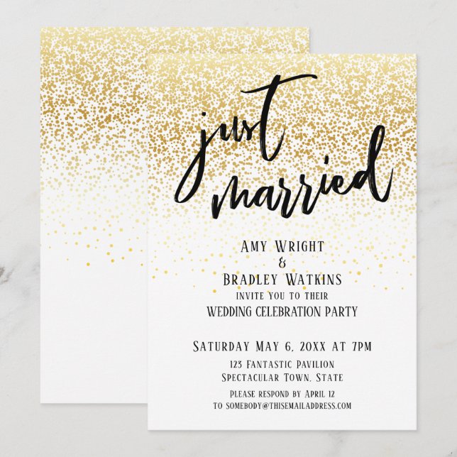 Convite Caligrafia Casual Casamento Recém-Casados Confetes (Frente/Verso)