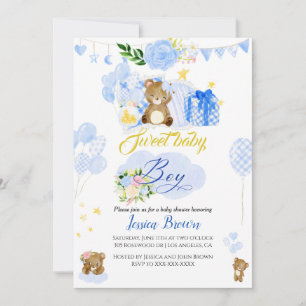 Convite Caligrafia chá de fraldas de urso azul