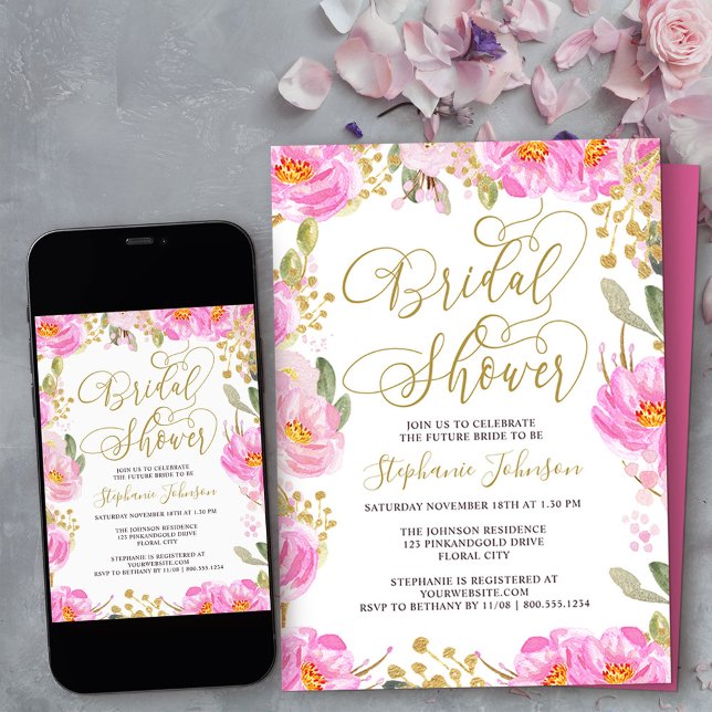 Convite Caligrafia chá de panela rosa e Dourada Floral (Bridal Shower invitation from my Pink and Gold Watercolor Floral Collection
)