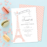 Convite Caligrafia Chic Eiffel Paris Bolinhas Sweet 16<br><div class="desc">Um convite de festas elegante,  na moda e minimalista Sweet 16 com um tema Paris,  com uma torre Eiffel coberta de bolinhas,  uma simples tipografia e um padrão de bolinhas no verso.</div>