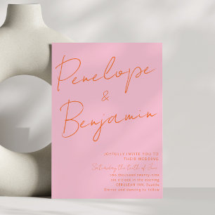 Convite Caligrafia Colorida Moderna Rosa Laranja Casamento