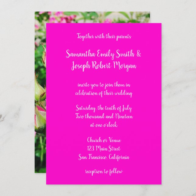 Convite Caligrafia com Rosa de rosa quente (Frente/Verso)