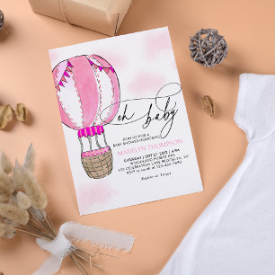 Convite Caligrafia cor-de-rosa com balão de ar quente Oh C