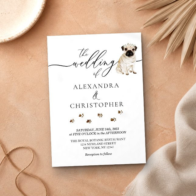 Convite Caligrafia de casamento de cachorrinho Pug (Criador carregado)