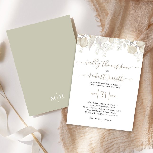 Convite Caligrafia de Casamento Elegante - Geração Greener (Simple and elegant sage green and cream foliage wedding invitation.)