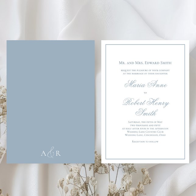 Convite Caligrafia de Casamento Elegante - Script Dusty Bl (Simple dusty blue classic wedding script invitation. )