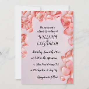 Convite Caligrafia de Casamento Pétalas de Rosa Cor-de-Ros