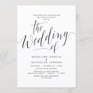 Convite Caligrafia de Casamento, Preto Simples, Com Famíl