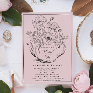 Convite Caligrafia de Chá Botânica Rosa Vintage