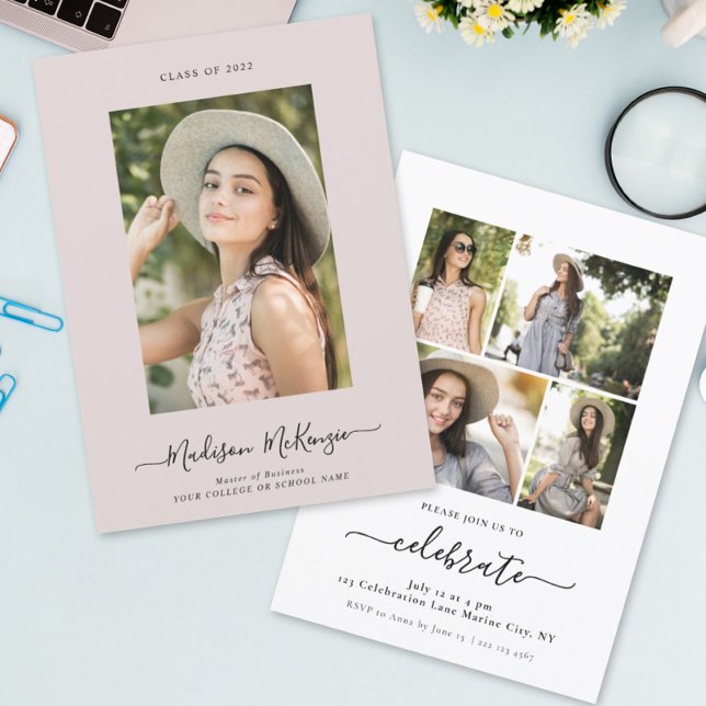 Convite Caligrafia de Foto Simples Moderna 5 Fácil Graduaç (Criador carregado)