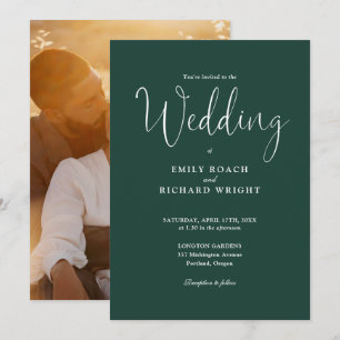 Convite Caligrafia de Script Foto Casamento Verde Esmerald