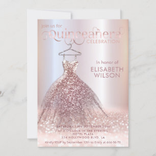 Convite Caligrafia de varejo com rosa dourado Quinceañera 