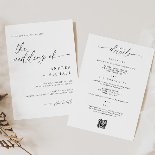 Convite Caligrafia Delicada Tudo em Um Casamento Moderno (Delicate Calligraphy Wedding Invitation with Details on Back - Simple Modern All in One Invitation)