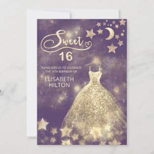 Convite Caligrafia doce dezesseis da lua e estrelas celest