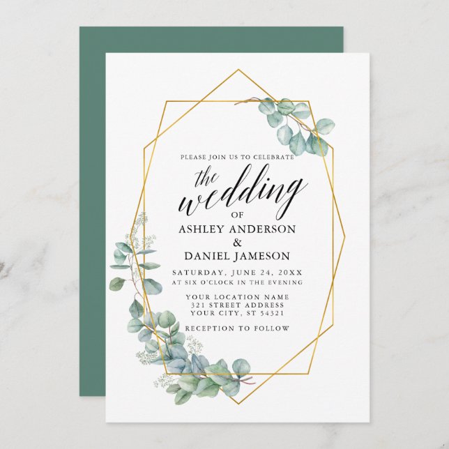 Convite Caligrafia Dourada Casamento Eucalyptus Greenery (Frente/Verso)