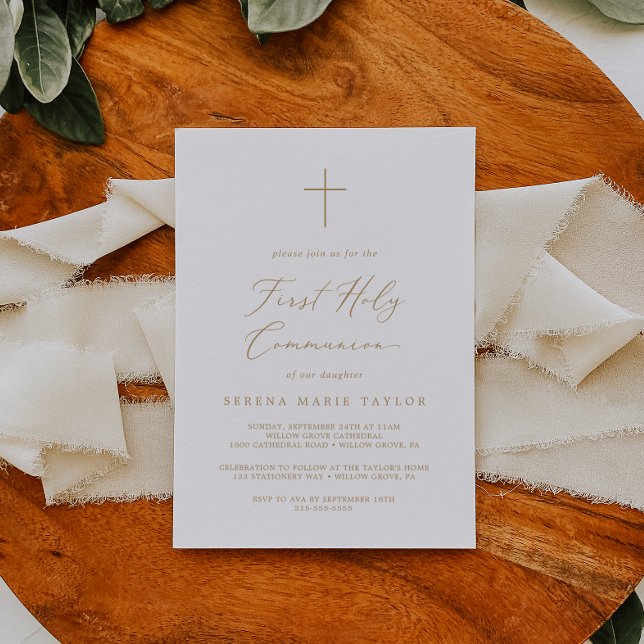 Convite Caligrafia Dourada Delicada Primeira Comunhão (Criador carregado)