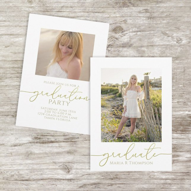 Convite Caligrafia Dourada Foto Clássica de Formatura (Classic gold script graduation photo card featuring a customizable senior portrait elegant script.)