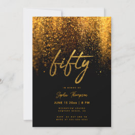 Convite Caligrafia Dourada negra Elegante 50 Aniversário