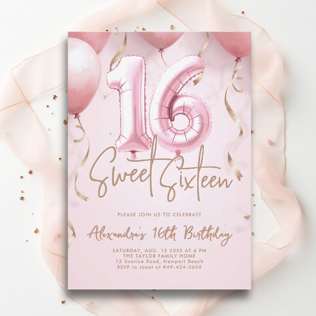 Convite Caligrafia Dourada rosa, cor-de-rosa, doce 16 (sweet sixteen invitation 16th birthday party pink gold balloons calligraphy milestone glam feminine)