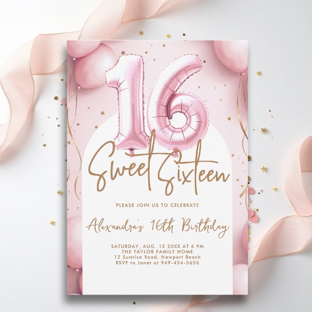 Convite Caligrafia Dourada rosa dos balões doce 16 (sweet sixteen invitation 16th birthday party pink gold balloons arch calligraphy glam feminine)