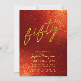 Convite Caligrafia Dourada vermelha Elegante 50º aniversár