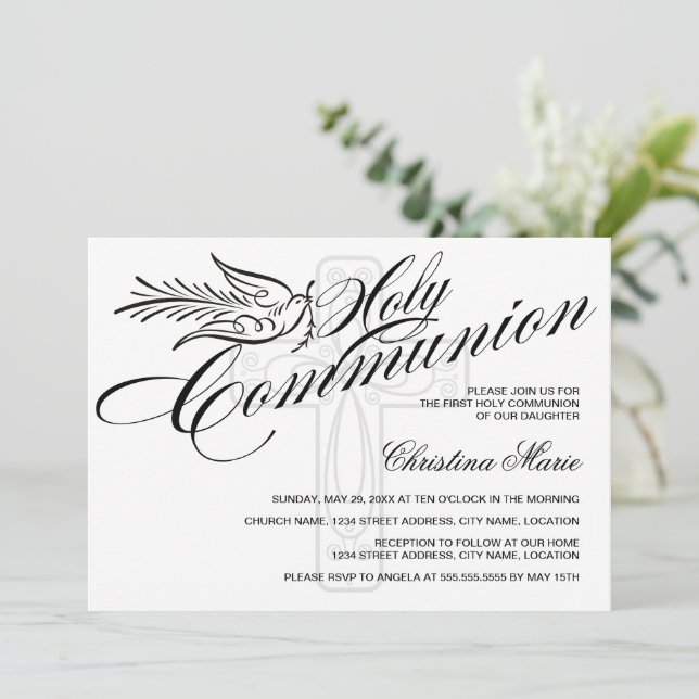 Convite Caligrafia Dove e Cruz Primeira Comunhão Sagrada (Em pé/Frente)
