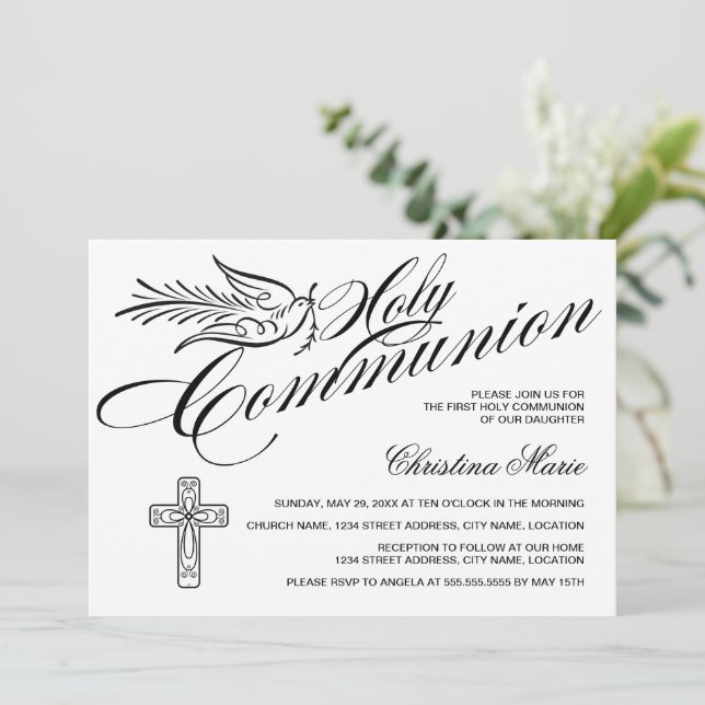 Convite Caligrafia Dove e Cruz Primeira Comunhão Sagrada (Em pé/Frente)
