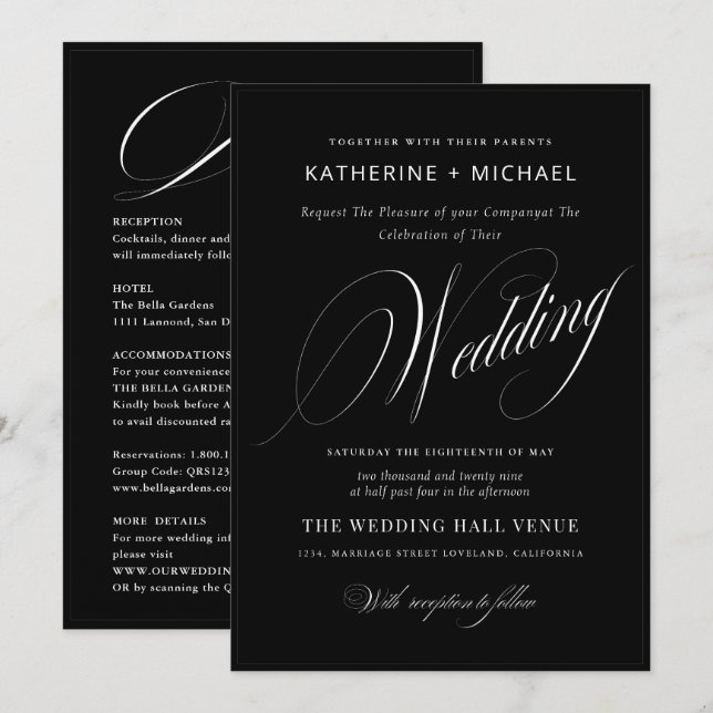 Convite Caligrafia e Detalhes do Script Romântico Casament (Frente/Verso)