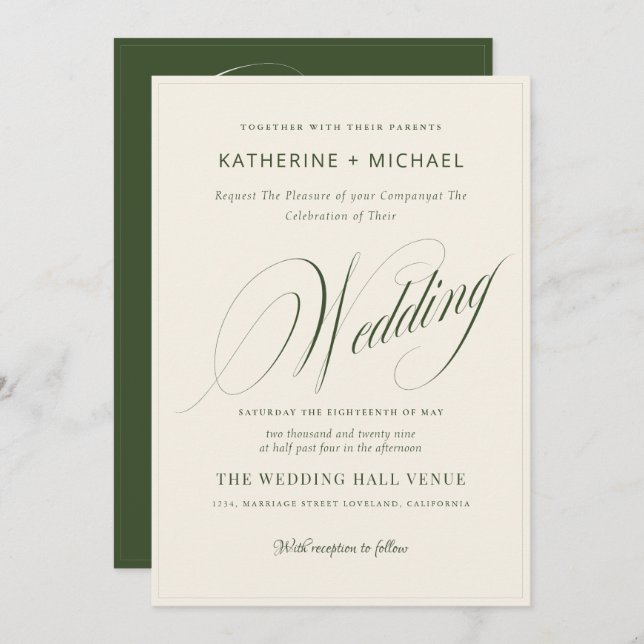 Convite Caligrafia e Detalhes do Script Romântico Casament (Frente/Verso)