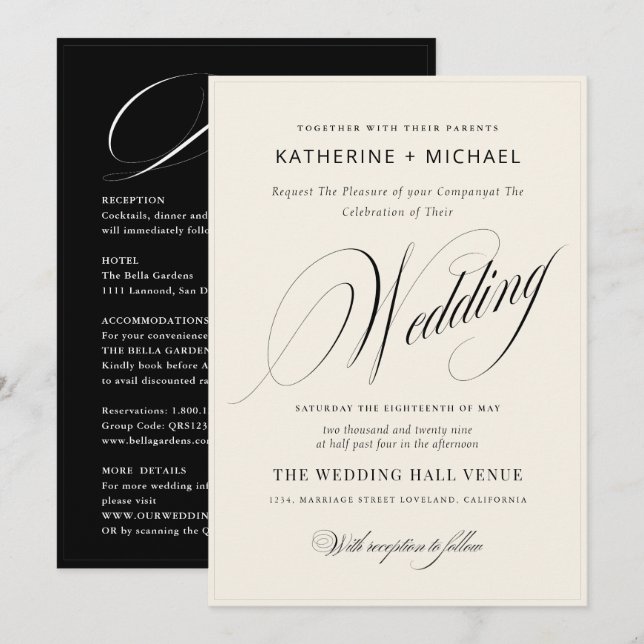 Convite Caligrafia e Detalhes do Script Romântico Casament (Frente/Verso)