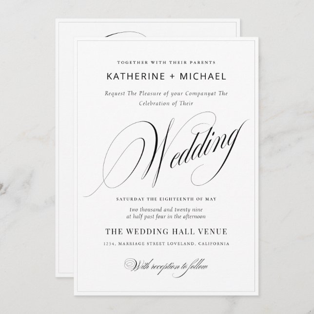 Convite Caligrafia e Detalhes do Script Romântico Casament (Frente/Verso)