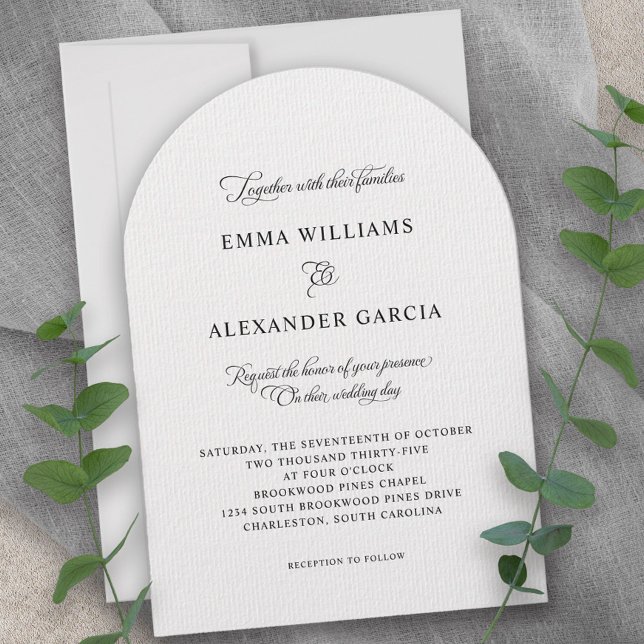 Convite Caligrafia Elegante Casamento Arco Preto Branco (Elegant Calligraphy Wedding Black White Arch Invitation)