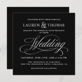 Convite Caligrafia Elegante Casamento Negro e Prateado