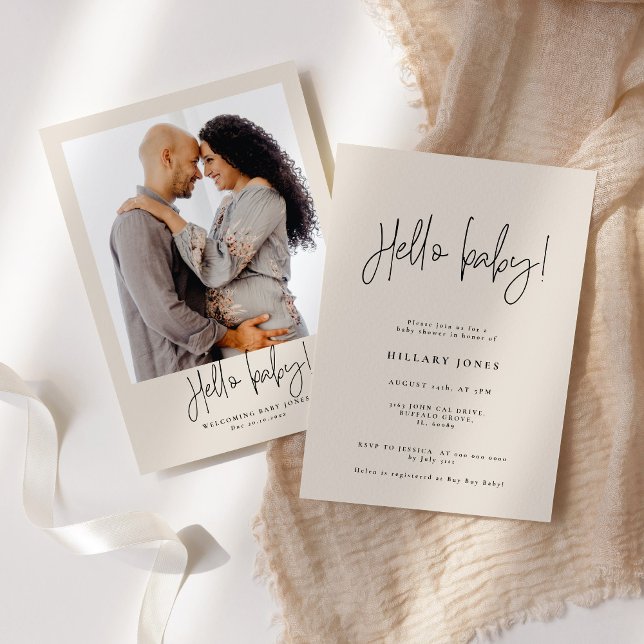 Convite Caligrafia Elegante | Chá de fraldas Hello Baby Pi (Criador carregado)