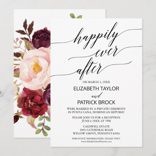 Convite Caligrafia Elegante com Elopemento Floral de Apoio (Frente/Verso)