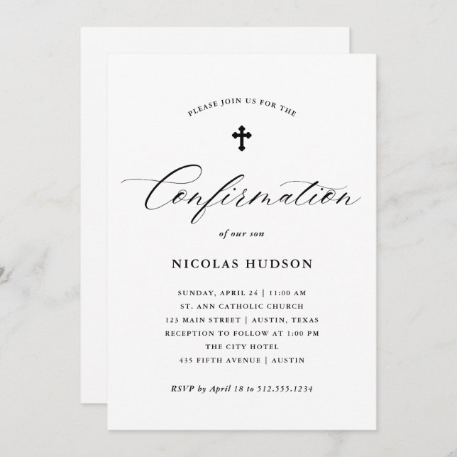 Convite Caligrafia Elegante| Confirmação Neutra de Gênero (Frente/Verso)