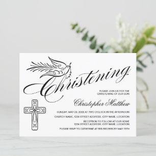 Convite Caligrafia Elegante Cruzando e Dove Christening