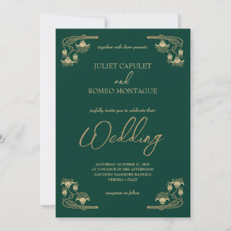 Convite Caligrafia elegante e casamento em ouro e verde Ar