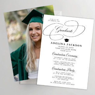 Convite Caligrafia elegante em preto e branco de formatura