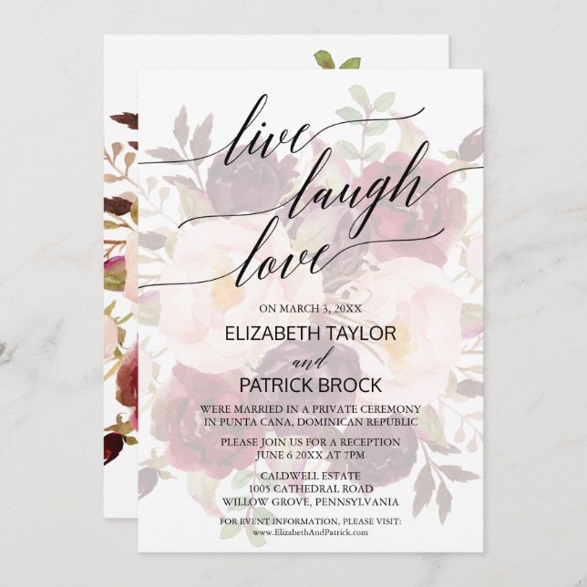 Convite Caligrafia Elegante | Floral Desbotada Viver Rir A (Frente/Verso)