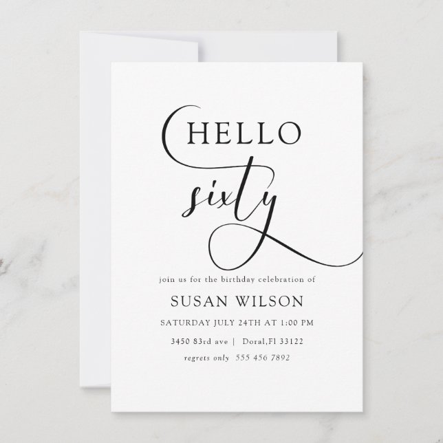 Convite Caligrafia Elegante Moderna Alô 60 Aniversário (Frente)