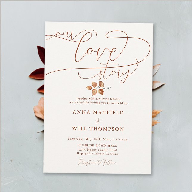 Convite Caligrafia Elegante Nosso Casamento De História De (Our Love Story Romantic Elegant Calligraphy Fall Autumn Wedding Invitation Terracotta Burnt Orange)