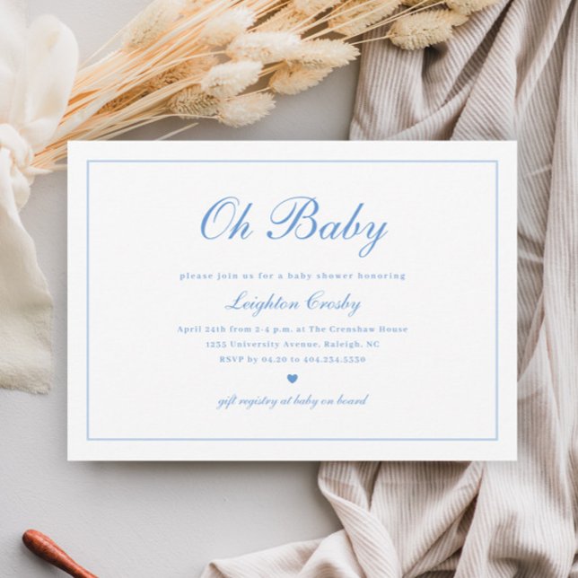 Convite Caligrafia elegante Oh Chá de fraldas de Bebês (Elegant Calligraphy Minimal Boys Oh Baby Baby Shower Invitation.)