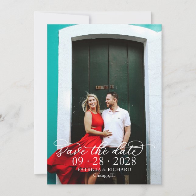 Convite Caligrafia Elegante Texto Branco Foto Save The Dat (Frente)