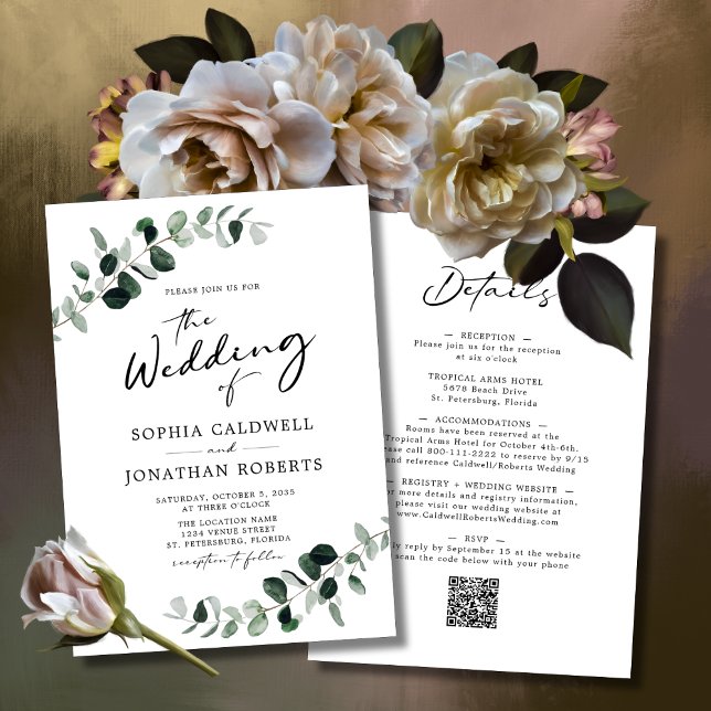 Convite Caligrafia Eucalyptus Tudo em Um Casamento de Códi (Wedding Invitation-Eucalyptus Greenery-All in One QR Code-Modern Calligraphy-White)