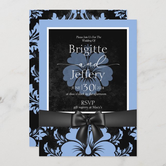 Convite Caligrafia floral azul impressa (Frente/Verso)