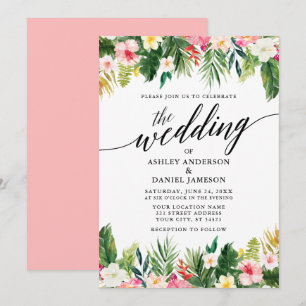 Convite Caligrafia floral tropical da aguarela que Wedding